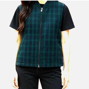 Talbots Petites Quilted Vest Blue Green Plaid Zip Up Pockets Size PS